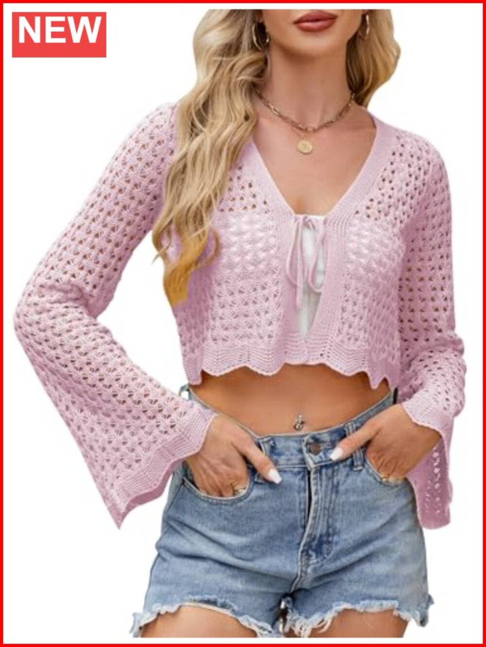 Crochet Tie Front Cardigan Cropped Knit Bolero Shrug Bell Sleeve